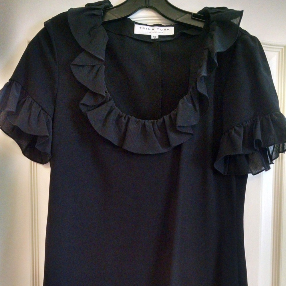 Trina Turk black short sleeve ruffled top, size S